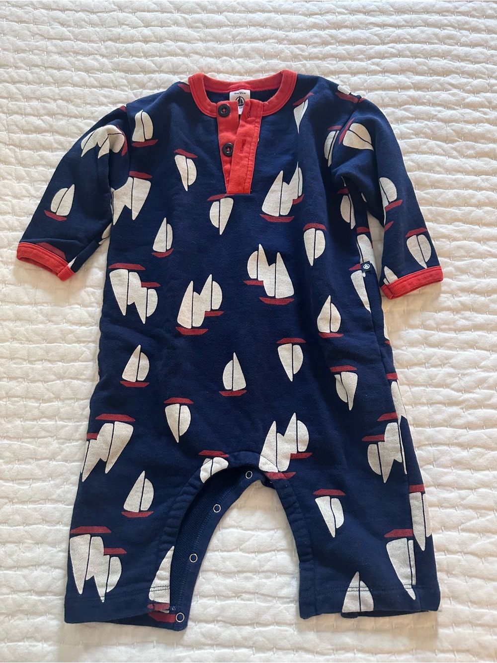 Petit Bateau Navy Sailboat Print One-Piece Romper with Red Trim